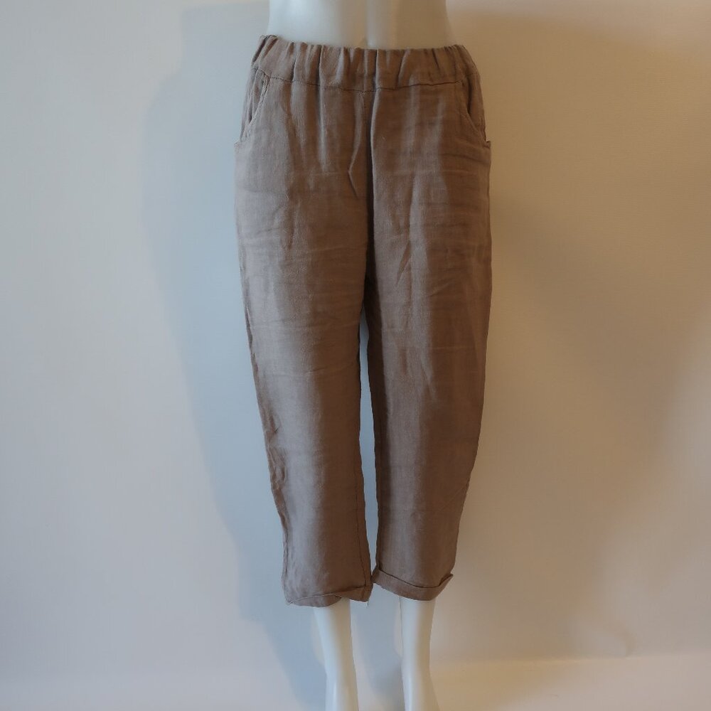 Womens Pistache Taupe Pull-On Linen Pants M *